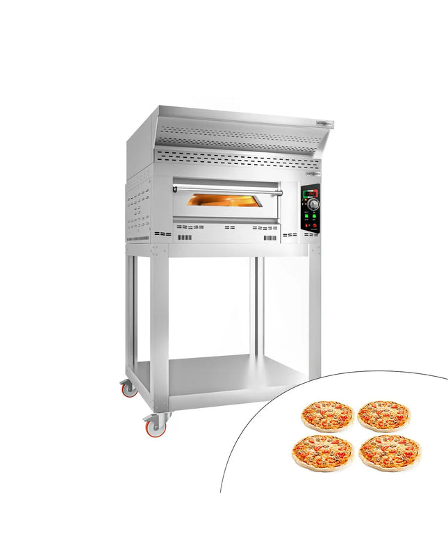 GGM Gastro Lò Pizza Gas - 1 Tầng - 4x Ø34cm - Điều Khiển Cơ - Nắp Chụp + Chân Đế + Bánh Xe - Ống Khói Ø150mm
