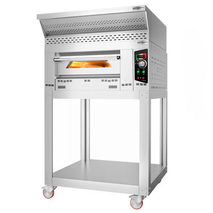 GGM Gastro Lò Pizza Gas - 1 Tầng - 4x Ø34cm - Điều Khiển Cơ - Nắp Chụp + Chân Đế + Bánh Xe - Ống Khói Ø150mm