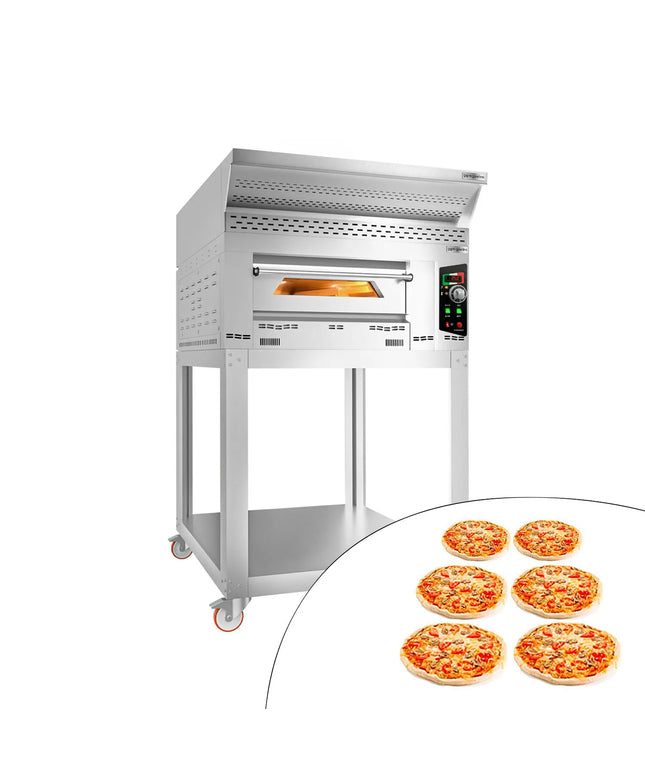 GGM Gastro Lò Pizza Gas - 1 Tầng - 6x Ø34cm - Điều Khiển Cơ - Nắp Chụp + Chân Đế + Bánh Xe - Ống Khói Ø150mm