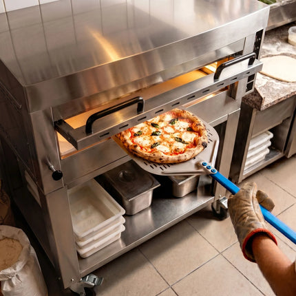 GGM Gastro Lò Pizza Tầng Điện - 1 Tầng - Đáy Đá Chịu Lửa - 9 - Ø34cm (33 cm) - Điều Khiển Số - Đến 450°C - Kèm Nắp Chụp Thép Không Gỉ & Khung Chân Đế