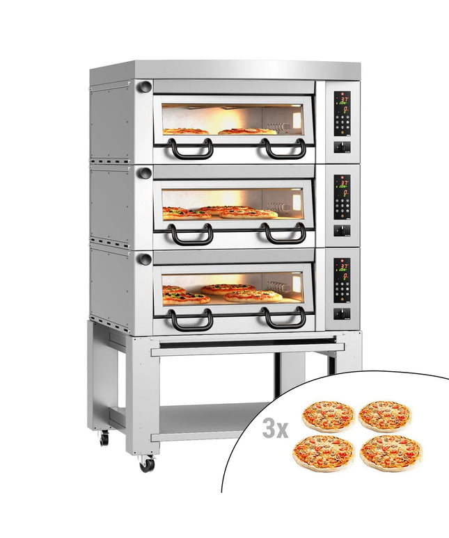 GGM Gastro Lò Pizza Tầng Điện - 3 Tầng - Đáy Đá Chịu Lửa - 4+4+4 - Ø34cm (33 cm) - Điều Khiển Số - Đến 450°C - Kèm Nắp Chụp & Khung Chân Đế