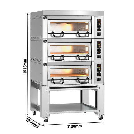 GGM Gastro Lò Pizza Tầng Điện - 3 Tầng - Đáy Đá Chịu Lửa - 4+4+4 - Ø34cm (33 cm) - Điều Khiển Số - Đến 450°C - Kèm Nắp Chụp & Khung Chân Đế