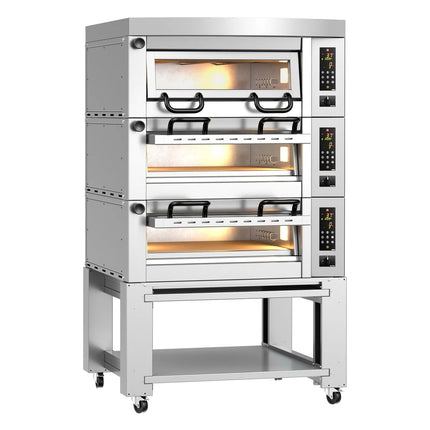 GGM Gastro Lò Pizza Tầng Điện - 3 Tầng - Đáy Đá Chịu Lửa - 4+4+4 - Ø34cm (33 cm) - Điều Khiển Số - Đến 450°C - Kèm Nắp Chụp & Khung Chân Đế
