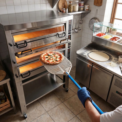 GGM Gastro Lò Pizza Tầng Điện - 3 Tầng - Đáy Đá Chịu Lửa - 4+4+4 - Ø34cm (33 cm) - Điều Khiển Số - Đến 450°C - Kèm Nắp Chụp & Khung Chân Đế