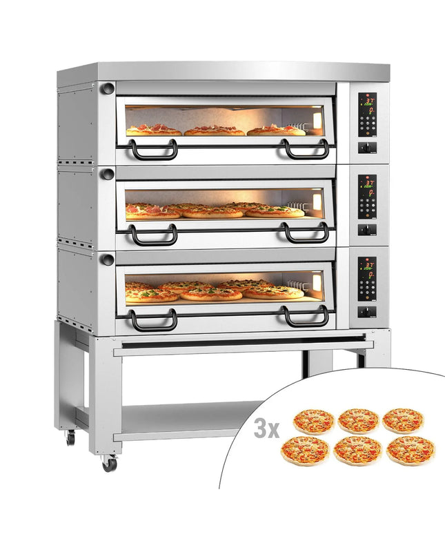 GGM Gastro Lò Pizza Tầng Điện - 3 Tầng - Đáy Đá Chịu Lửa - 6+6+6 - Ø34cm (34 cm) - Kèm Nắp Chụp & Khung Chân Đế - Điều Khiển Số