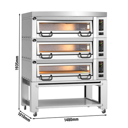 GGM Gastro Lò Pizza Tầng Điện - 3 Tầng - Đáy Đá Chịu Lửa - 6+6+6 - Ø34cm (34 cm) - Kèm Nắp Chụp & Khung Chân Đế - Điều Khiển Số