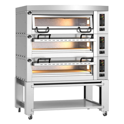 GGM Gastro Lò Pizza Tầng Điện - 3 Tầng - Đáy Đá Chịu Lửa - 6+6+6 - Ø34cm (34 cm) - Kèm Nắp Chụp & Khung Chân Đế - Điều Khiển Số