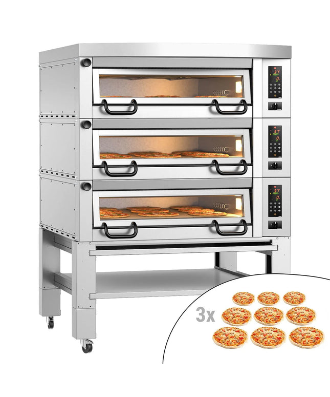 GGM Gastro Lò Pizza Tầng Điện - 3 Tầng - Đáy Đá Chịu Lửa - 9+9+9 - Ø34cm (34 cm) - Điều Khiển Số - Đến 450°C - Kèm Nắp Chụp & Khung Chân Đế