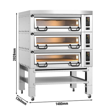 GGM Gastro Lò Pizza Tầng Điện - 3 Tầng - Đáy Đá Chịu Lửa - 9+9+9 - Ø34cm (34 cm) - Điều Khiển Số - Đến 450°C - Kèm Nắp Chụp & Khung Chân Đế
