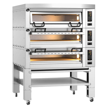 GGM Gastro Lò Pizza Tầng Điện - 3 Tầng - Đáy Đá Chịu Lửa - 9+9+9 - Ø34cm (34 cm) - Điều Khiển Số - Đến 450°C - Kèm Nắp Chụp & Khung Chân Đế