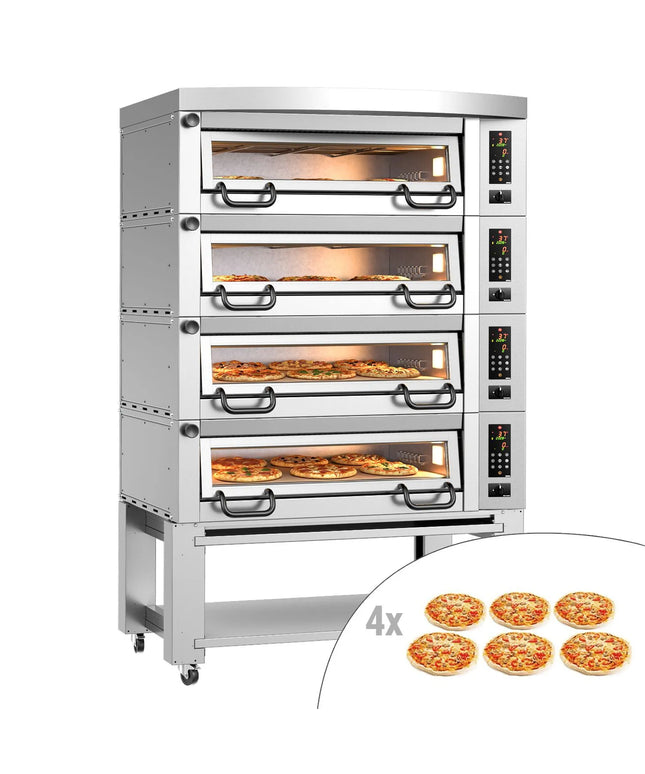 GGM Gastro Lò Pizza Tầng Điện - 4 Tầng - Đáy Đá Chịu Lửa - 6+6+6+6 - Ø34cm (33 cm) - Kèm Nắp Chụp & Khung Chân Đế