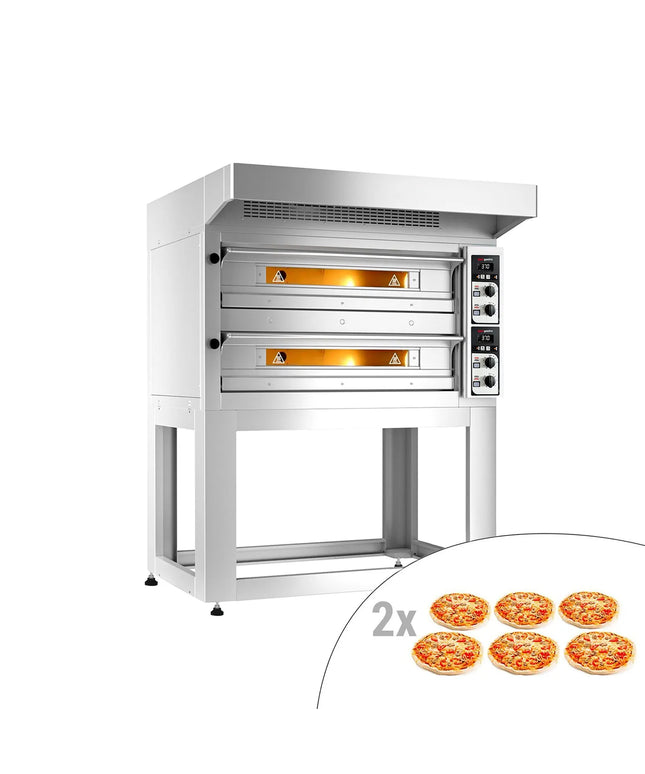 GGM Gastro Lò Pizza Tầng Điện - Tầng Đôi - Đáy Đá Chịu Lửa - 4+4 - Ø33cm (33 cm) - Điều Khiển Cơ - Đến 400°C - Kèm Nắp Chụp Thép Không Gỉ & Khung Chân Đế