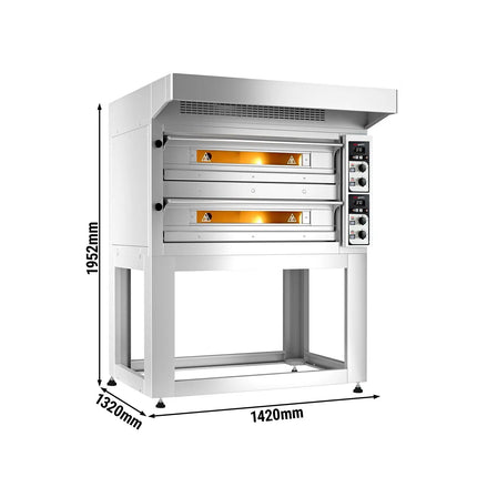 GGM Gastro Lò Pizza Tầng Điện - Tầng Đôi - Đáy Đá Chịu Lửa - 4+4 - Ø33cm (33 cm) - Điều Khiển Cơ - Đến 400°C - Kèm Nắp Chụp Thép Không Gỉ & Khung Chân Đế
