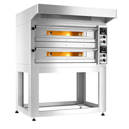 GGM Gastro Lò Pizza Tầng Điện - Tầng Đôi - Đáy Đá Chịu Lửa - 4+4 - Ø33cm (33 cm) - Điều Khiển Cơ - Đến 400°C - Kèm Nắp Chụp Thép Không Gỉ & Khung Chân Đế