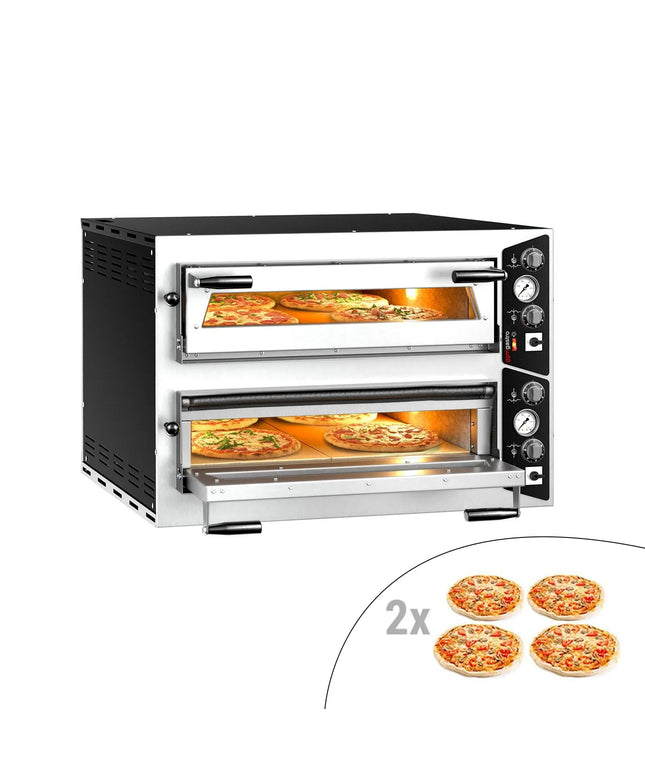 GGM Gastro Lò Pizza Tầng Điện - Tầng Đôi - Đáy Đá Chịu Lửa - 4+4 - Ø35cm (35.1 cm) - Điều Khiển Cơ - Đến 450°C