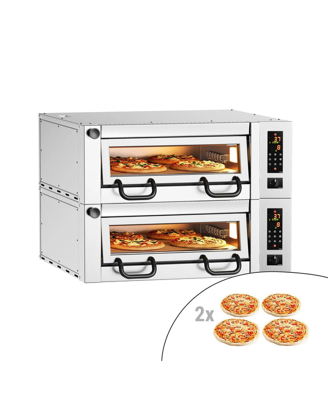GGM Gastro Lò Pizza Tầng Điện - Tầng Đôi - Đáy Đá Chịu Lửa - 4+4 x Ø34cm (33 cm) - Điều Khiển Cảm Ứng - Đến 450°C