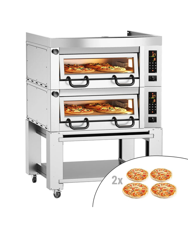 GGM Gastro Lò Pizza Tầng Điện - Tầng Đôi - Đáy Đá Chịu Lửa - 4+4 x Ø34cm (34 cm) - 230V 3 Pha - Điều Khiển Số - Đến 450°C - Kèm Nắp Chụp & Khung Chân Đế & Bánh Xe