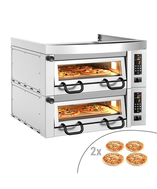GGM Gastro Lò Pizza Tầng Điện - Tầng Đôi - Đáy Đá Chịu Lửa - 4+4 x Ø34cm (34 cm) - Điều Khiển Cảm Ứng - Đến 450°C - Kèm Nắp Chụp Thép Không Gỉ