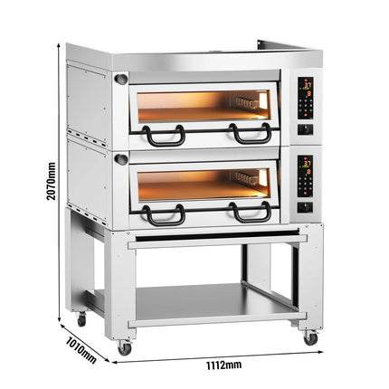 GGM Gastro Lò Pizza Tầng Điện - Tầng Đôi - Đáy Đá Chịu Lửa - 4+4 x Ø34cm (34 cm) - 230V 3 Pha - Điều Khiển Số - Đến 450°C - Kèm Nắp Chụp & Khung Chân Đế & Bánh Xe