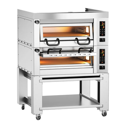 GGM Gastro Lò Pizza Tầng Điện - Tầng Đôi - Đáy Đá Chịu Lửa - 4+4 x Ø34cm (34 cm) - 230V 3 Pha - Điều Khiển Số - Đến 450°C - Kèm Nắp Chụp & Khung Chân Đế & Bánh Xe