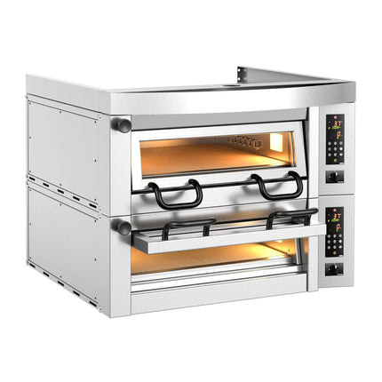 GGM Gastro Lò Pizza Tầng Điện - Tầng Đôi - Đáy Đá Chịu Lửa - 4+4 x Ø34cm (34 cm) - Điều Khiển Cảm Ứng - Đến 450°C - Kèm Nắp Chụp Thép Không Gỉ