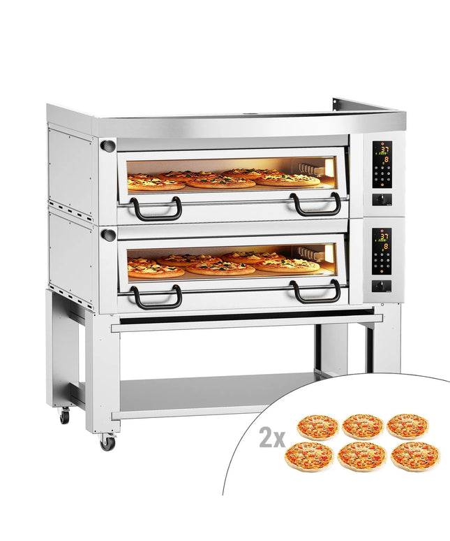 GGM Gastro Lò Pizza Tầng Điện - Tầng Đôi - Đáy Đá Chịu Lửa - 6+6 - Ø34cm (34 cm) - 230V 3 Pha - Điều Khiển Số - Đến 450°C - Kèm Nắp Chụp, Khung Chân Đế & Bánh Xe