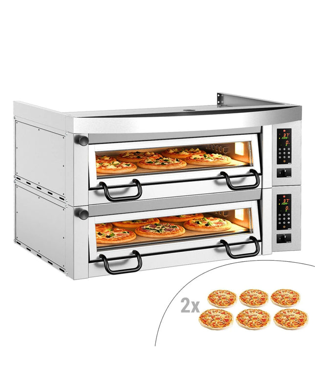 GGM Gastro Lò Pizza Tầng Điện - Tầng Đôi - Đáy Đá Chịu Lửa - 6+6 - Ø34cm (34 cm) - 230V 3 Pha - Điều Khiển Số - Đến 450°C - Kèm Nắp Chụp
