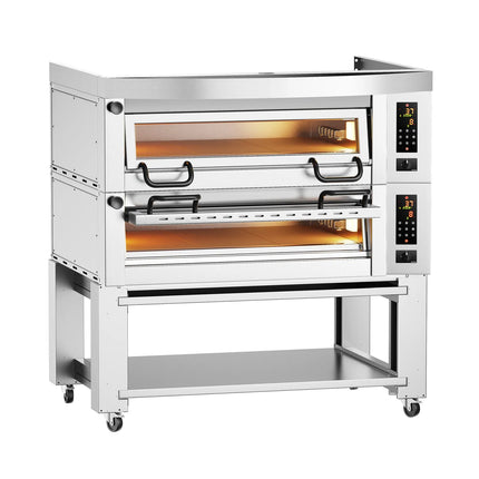 GGM Gastro Lò Pizza Tầng Điện - Tầng Đôi - Đáy Đá Chịu Lửa - 6+6 - Ø34cm (34 cm) - 230V 3 Pha - Điều Khiển Số - Đến 450°C - Kèm Nắp Chụp, Khung Chân Đế & Bánh Xe