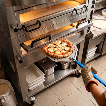GGM Gastro Lò Pizza Tầng Điện - Tầng Đôi - Đáy Đá Chịu Lửa - 6+6 - Ø34cm (34 cm) - 230V 3 Pha - Điều Khiển Số - Đến 450°C - Kèm Nắp Chụp, Khung Chân Đế & Bánh Xe