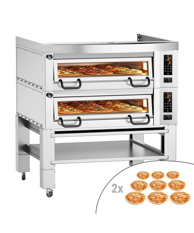 GGM Gastro Lò Pizza Tầng Điện - Tầng Đôi - Đáy Đá Chịu Lửa - 9+9 - Ø34cm (34 cm) - Điều Khiển Số - Đến 450°C - Kèm Nắp Chụp & Khung Chân Đế & Bộ Bánh Xe