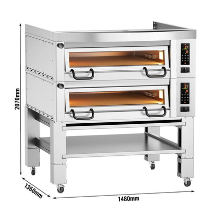 GGM Gastro Lò Pizza Tầng Điện - Tầng Đôi - Đáy Đá Chịu Lửa - 9+9 - Ø34cm (34 cm) - Điều Khiển Số - Đến 450°C - Kèm Nắp Chụp & Khung Chân Đế & Bộ Bánh Xe