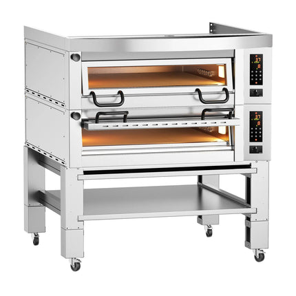 GGM Gastro Lò Pizza Tầng Điện - Tầng Đôi - Đáy Đá Chịu Lửa - 9+9 - Ø34cm (34 cm) - Điều Khiển Số - Đến 450°C - Kèm Nắp Chụp & Khung Chân Đế & Bộ Bánh Xe