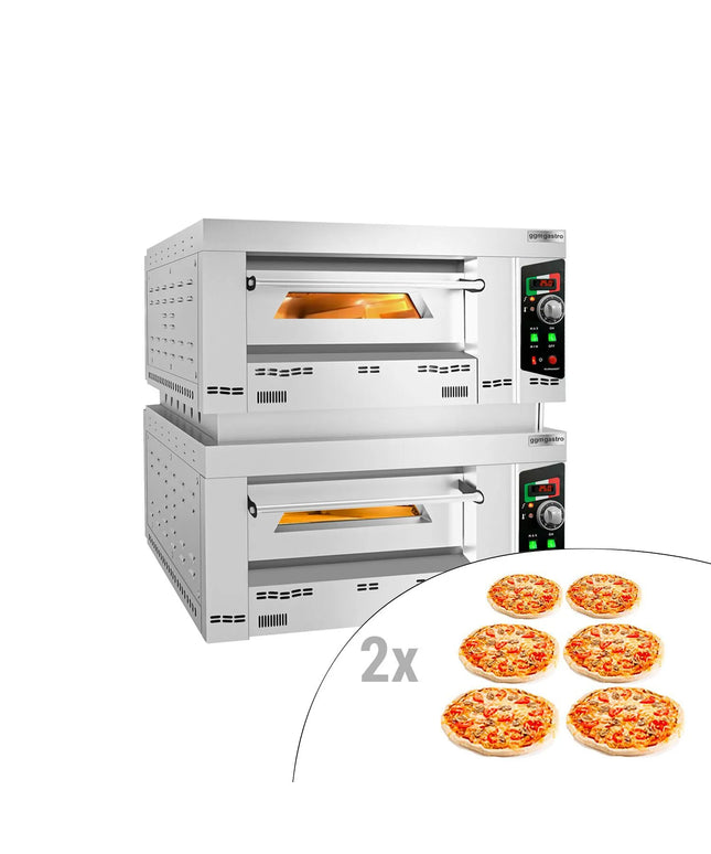 GGM Gastro Lò Pizza Tầng Gas - Tầng Đôi - Đáy Đá Chịu Lửa - 6+6 x Ø34cm (34 cm) - 230V 1 Pha - Điều Khiển Cơ - Đến 450°C - Kèm Khung - Có Khớp Nối