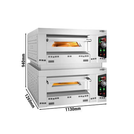 GGM Gastro Lò Pizza Tầng Gas - Tầng Đôi - Đáy Đá Chịu Lửa - 6+6 x Ø34cm (34 cm) - 230V 1 Pha - Điều Khiển Cơ - Đến 450°C - Kèm Khung - Có Khớp Nối