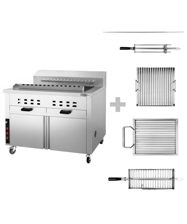 GGM Gastro Mangal Charcoal Grill - 1120mm - for Adana & Shish Kebab - 15 automatic rotating skewers - with cabinet base