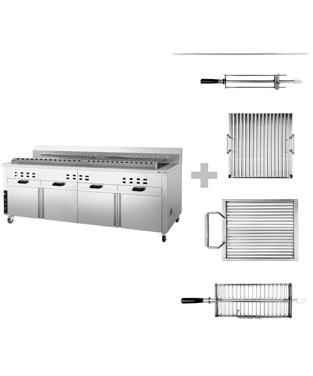 GGM Gastro Mangal Charcoal Grill - 2000mm - with cabinet base - for Adana & Shish Kebab - 30 automatic rotating skewers