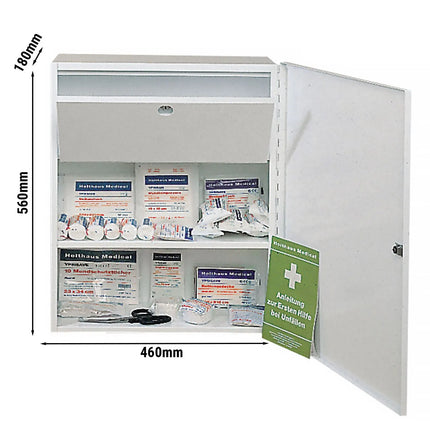 GGM Gastro MEDICUS | First Aid Cabinet - filled to BS 8599-1:2019 - powder-coated steel - White - with lockable, internal lockable medicine compartment - incl. 2 keys