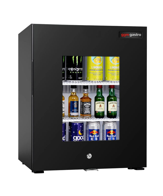 GGM Gastro Mini Bar Refrigerator - 402mm - 34L - with 1 glass door & lock | reversible hinges - Black - Double-glazed glass door