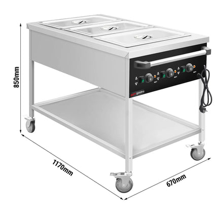 GGM Gastro Mobile Bain Marie - 3x GN 1/1 - 150mm deep - Wet Heat - 3 kW - individually controlled wells - with Drain Tap