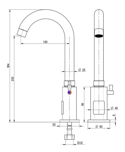 GGM Gastro Monobloc mixer tap PREMIUM - swan-neck spout - with infrared sensor, touch-free operation, integrated temperature control & swivel spout - spout 130mm