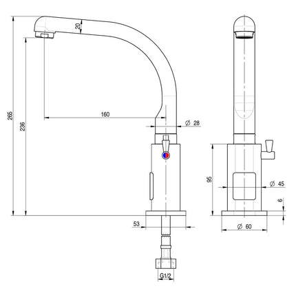 GGM Gastro Monobloc mixer tap PREMIUM - swan-neck spout - with infrared sensor, touch-free activation, integrated temperature control & swivel spout - height 265mm