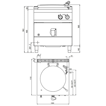 GGM Gastro Nồi Nấu Điện - 200L - 32kW - Gia Nhiệt Gián Tiếp - Kèm Đấu Nối Nước