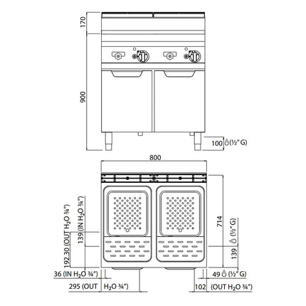 GGM Gastro Nồi Nấu Mì Gas - 2 Bồn - Đứng Độc Lập - 30L + 30L - 20kW - Có Van Xả