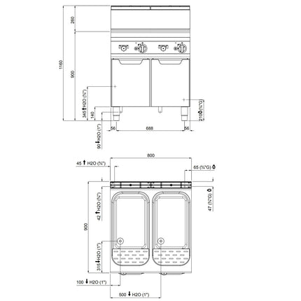 GGM Gastro Nồi Nấu Mì Gas - 2 Bồn - Đứng Độc Lập - 40+40L - 24kW - Có Van Xả
