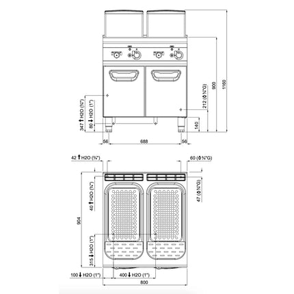 GGM Gastro Nồi Nấu Mì Gas - 2 Bồn - Đứng Độc Lập - 40+40L - 24kW - Có Van Xả