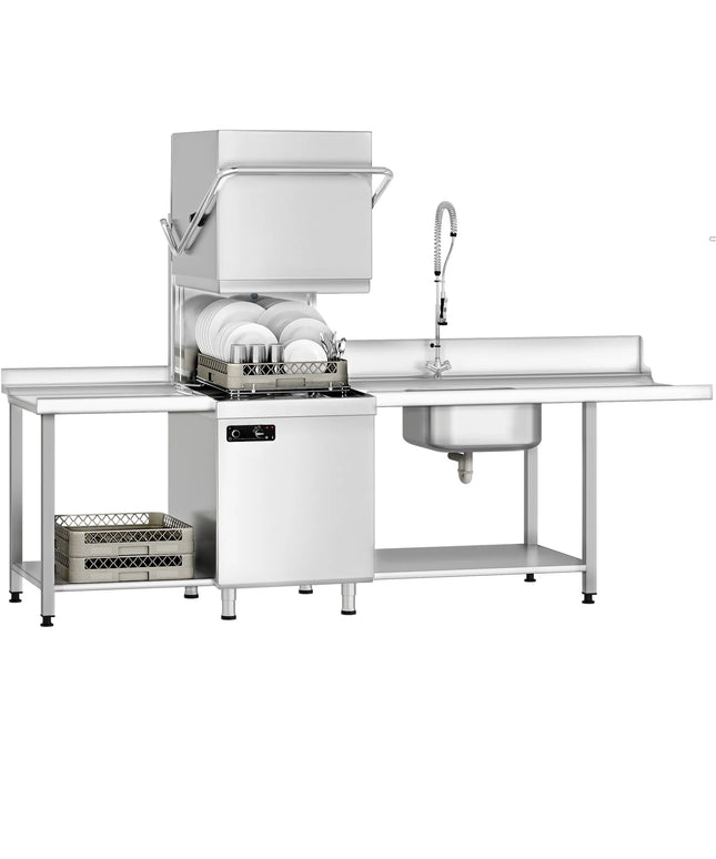 GGM Gastro Pass-through dishwasher - 6.52 kW - incl. inlet & outlet table left - with detergent, rinse aid & drain pump