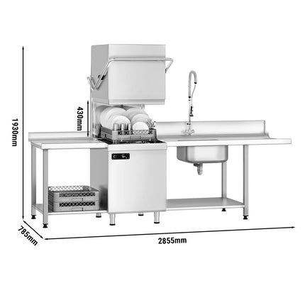 GGM Gastro Pass-through dishwasher - 6.52 kW - incl. inlet & outlet table left - with detergent, rinse aid & drain pump