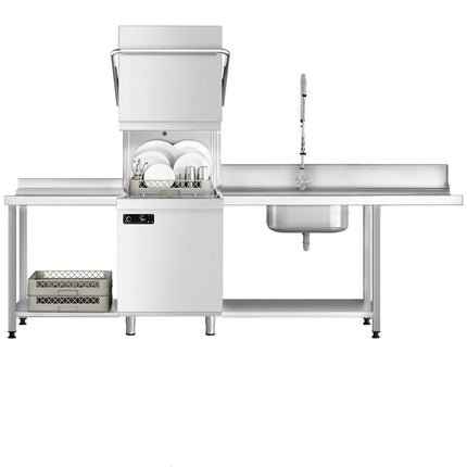 GGM Gastro Pass-through dishwasher - 6.52 kW - incl. inlet & outlet table left - with detergent, rinse aid & drain pump