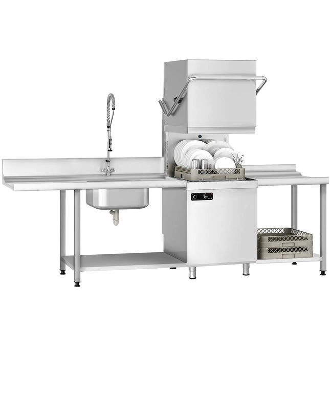 GGM Gastro Pass-through dishwasher - 6.52 kW - incl. inlet table left & outlet table right - with detergent, rinse aid & drain pump