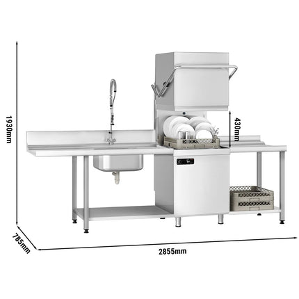 GGM Gastro Pass-through dishwasher - 6.52 kW - incl. inlet table left & outlet table right - with detergent, rinse aid & drain pump